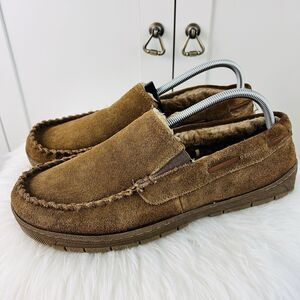Eddie Bauer Haven Brown Suede Leather Fur Lined Moccasin Slippers Mens 9.5-10.5